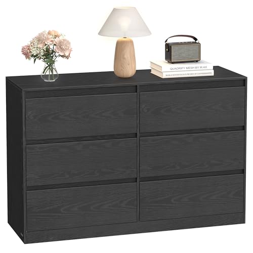 VASAGLE Kommode mit 6 Schubladen, Komodenschrank, Schubladenschrank, Wäschekommode, für Schlafzimmer, 40 x 119,4 x 75 cm, Modern Kailyn Kollektion, ebenholzschwarz LTS616B01