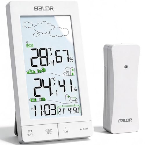 Konsen Wetterstation Funk für Innen/Außen mit Außensensor - DCF Funkuhr, Digitales Thermometer/Hygrometer mit Beleuchtung und Wettervorhersage in Weiß