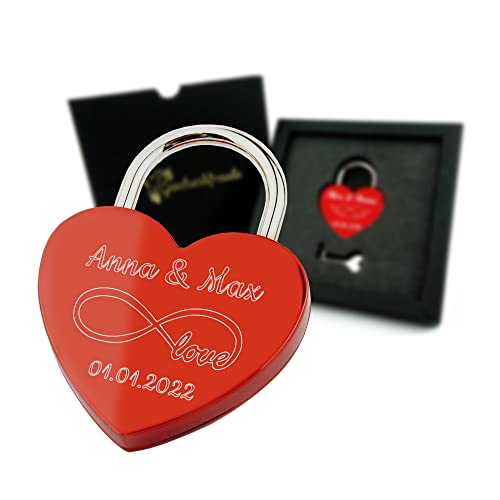 Geschenkfreude Liebesschloss mit Gravur und Schlüssel Herzschloss Rot | witterungsbeständig, personalisierte Valentinstagsgeschenke für Sie und Ihn, Geschenk für Paare, Schloss mit Gravur