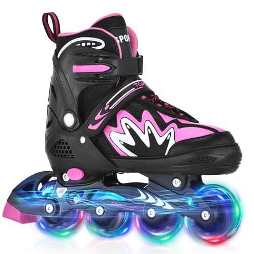 TOMSHOO Rollschuhe, Inliner Roller Skates mit 4 Größen Verstellbar, LED Rädern, Mehrere Größenoptionen, Inlineskates für Kinder Erwachsene Jungen Mädchen, Schwarz & Rosa, S