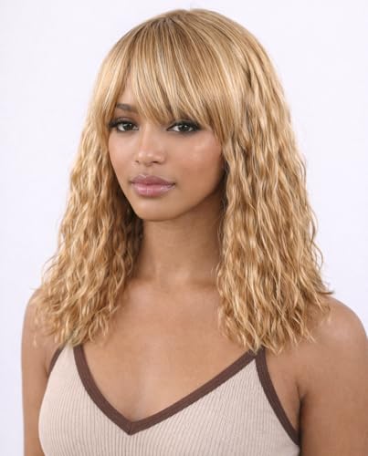 ManeMajesty 40 cm Body Wave Perücke mit Pony - 613 Blonde Balayage-Highlights 100% Naturhaar, färb- & blondierbar, verfilzungsfrei, für Alltag oder besondere Anlässe für hellhäutige Frauen