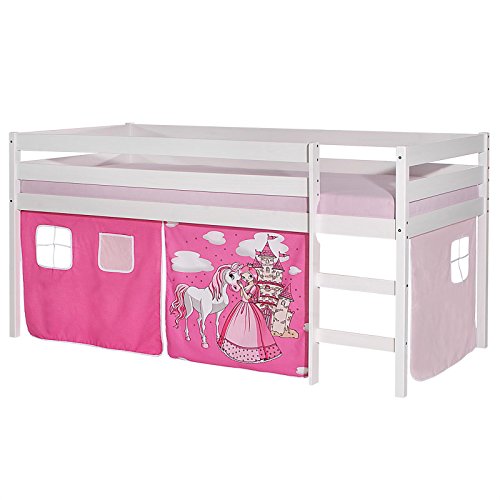 IDIMEX Hochbett Erik Kinderbett Spielbett Etagenbett Stockbett Holzbett, Vorhang mit Motiv Prinzessin rosa, Kiefer massiv weiß lackiert, 90 x 200 cm