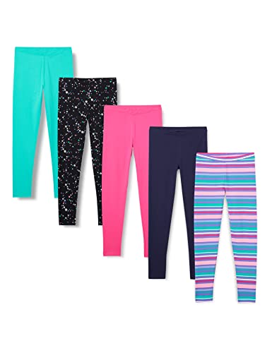 Amazon Essentials Mädchen Leggings, 5er-Pack, Aquagrün/Marineblau/Rosa/Schwarz Sterne/Streifen, 8 Jahre