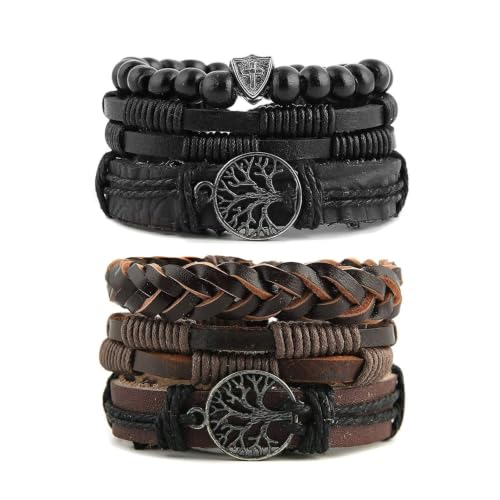 HZMAN Echtes Leder Baum des Lebens Armbänder für Frauen Männer Tigerauge Naturstein Lava Rock Perlen Ethnische Tribal elastische Armbänder (2Pcs)