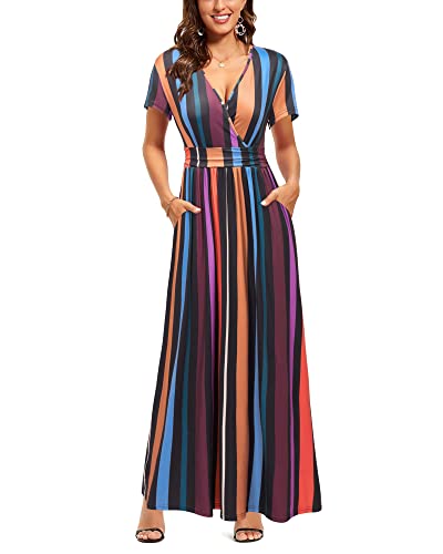 OUGES Sommerkleid Damen Kurzarm V-Ausschnitt Kleider Casual Boho Kleid Maxikleid mit Taschen Partykleid(Floral-41, L)