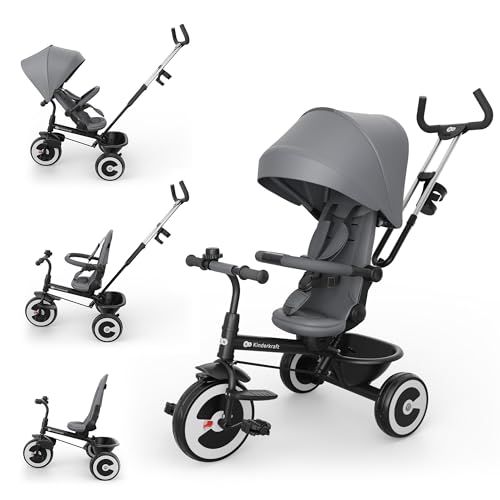 Kinderkraft Aston 2 PRO Dreirad, Schiebestange, 360° Sitz, Verdeck, Grau