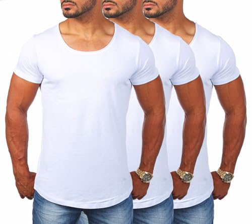 Young&Rich Herren Uni T-Shirt mit tiefem Rundhals Ausschnitt einfarbig körperbetontes Basic Tee Vintage Look 1702, Grösse:S, Farbe:Weiß (3er Pack)