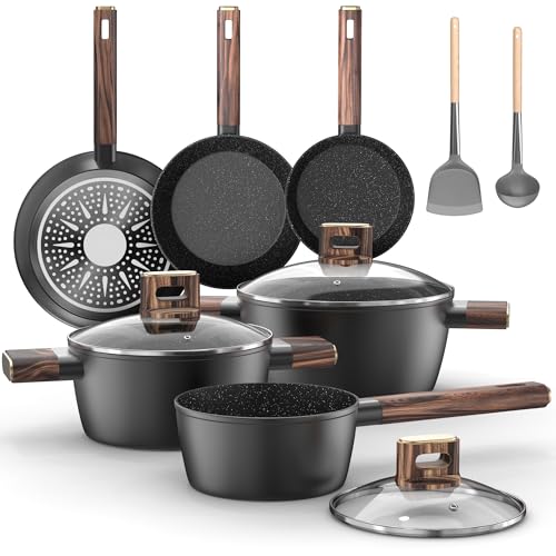 Topbooc 11-teiliges Topfset - Antihaft-Kochgeschirr Töpfe Set aus Aluminium für Induktion, Pfanne 20/28cm, Tiefe Bratpfanne 24cm, Kochtopf mit Deckel 16/20/24cm, Pfannenset PFOA-, PFOS-frei