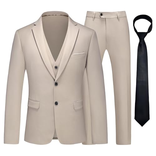 KUDMOL Herren Anzug 3 Stück Zwei Knöpfe Business Hochzeit Smoking Herren Anzug Jacke Weste Hose Set mit Krawatte（Champagner,XL