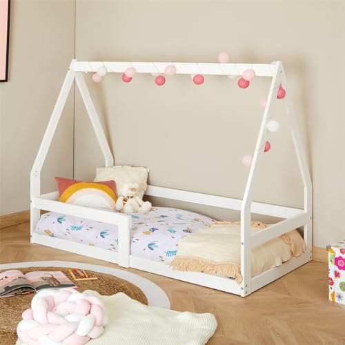 IDIMEX Hausbett LUSIA Kinderbett in Hausform, 80 x 160 cm, weiß, Kiefernholz Kinderbett mit Rausfallschutz, ideal zum Schlafen und Spielen, Bodenbett, Montessori
