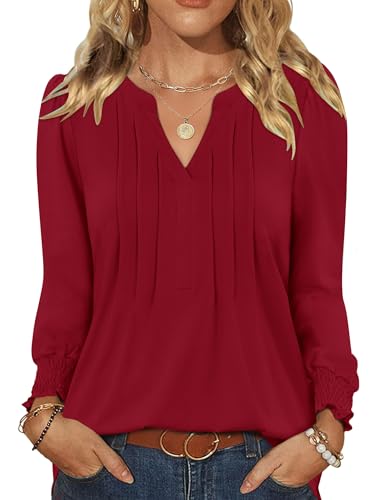 Rapbin Damen Bluse Langarm Oberteile V Ausschnitt Langarmshirt Elegant Lässige Blusenshirt Casual Shirt Herbst Tunika Bluse Tops Rot M