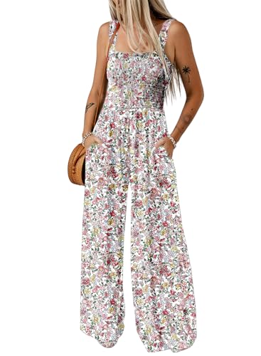 Dokotoo Jumpsuit Damen Sommer Blumenmuster Latzhose Casual Lose Overall Hohe Taille Ärmellos Playsuit Lang Romper Leicht Palazzo Sommerhose mit Träger, hellrosa, M