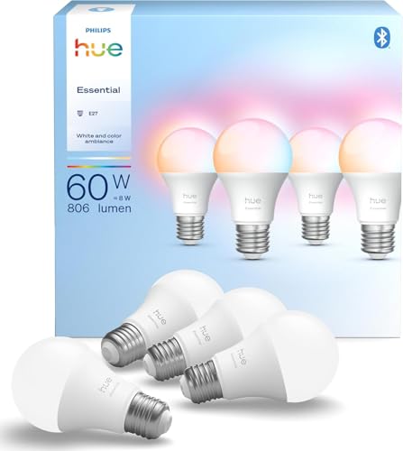 Philips Hue Essential Smart LED A60 Lampe, Weiß und Farbiges LED Leuchtmittel, E27 Fassung, 8W, 2200K-6500K, 806 Lumen LED Licht, dimmbar, kompatibel mit Alexa, Google Assistant & Apple Home, 4er Pack