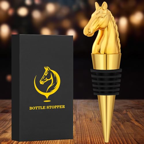 LULLEA Pferd Weinflaschenverschluss, Pferde Geschenk Weingeschenke Weihnachts geschenk Geburtstagsgeschenke für Männer Frauen, Pferde Deko Pferdekopf Weinverschluss für Wein Champagner, Gold