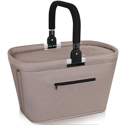Anhow 35L Kühltasche Einkaufskorb Faltbar mit 2 Stützstangen, Große Isolierte Kühlkorb mit Aluminium Griff Wasserabweisendes Praktischer Tragekorb für Reisen Picknick Einkaufen Geschenk - Khaki