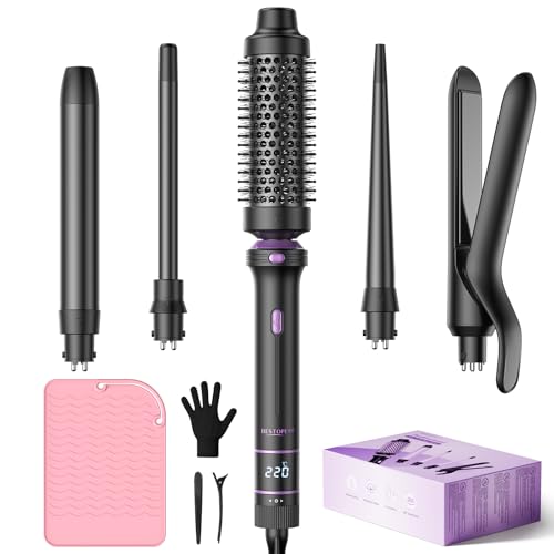BESTOPE PRO Lockenstab, 5 in 1 Lockenstäbe Set mit Glätteisen, Thermobürste, 3 Keramische Lockeneisen (9mm- 25mm) für Große Locken, 13 Temperaturen, Hair Curler mit Hitzebest.Matte, Handschuh, Schwarz