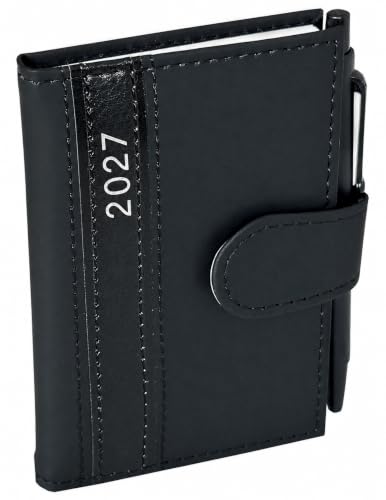 Taschenkalender 2027 A7 mit Kugelschreiber, Terminplaner & Kalender 2027 in feiner Lederoptik klein mit Stift inkl. Jahreskalender und Wochenübersicht (Schwarz)