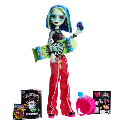 Monster High Fearbook Ghoulia Yelps Set aus Puppe und Zubehör mit Skateclub-Thema, Collegejacke, Jahrbuch, Skateboard und Hirnhelm, JML44