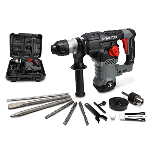 Practixx SDS-Plus Bohrhammer PX-BH-7V | 7 Joule Schlagkraft | 1500W Bohrmaschine | 6 variable Geschwindigkeiten 0-920 U/min | 4250BPM | 3m Kabel & 32mm Bohrleistung | mit Koffer, Bohrer & Adapter