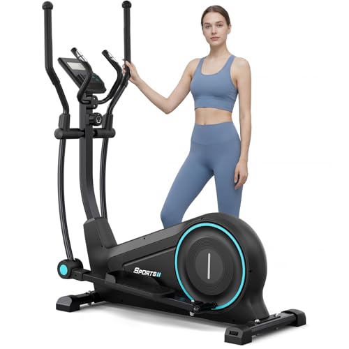Dripex Crosstrainer für Zuhause, Extrem Leiser Ellipsentrainer mit 16 Widerstandsstufen, Magnetischer Ellipsentrainer mit 38 cm Schrittlänge, 8 kg Schwungrad, Pulssensor und Gerätehalter, Blau