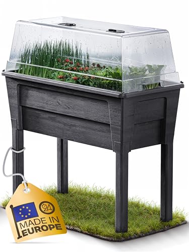 Ondis24 Garten Hochbeet Blumenkübel Victoria für Balkon, Pflanzkasten mit Gewächshaus, Volumen 50 L, Wasserspeicher, Tröpfchenbewässerung, abnehmbare Füße, Outdoor geeignet (Anthrazit)