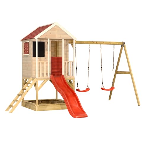 Wendi Toys M29 Stelzenhaus mit Rutsche und Doppelschaukel, Spielhaus aus FSC-Holz für Kinder Outdoor Garten, Podest 90 cm, 290×405×242 cm, mit 175 cm Rutsche, Sandkasten, wetterfest, Rot