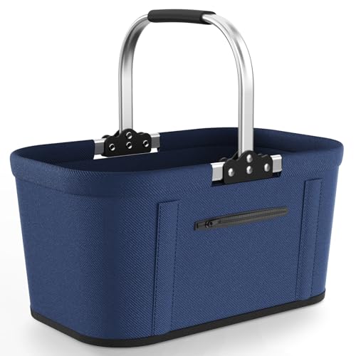 Yeabett 22L Faltbarer Einkaufskorb mit 4 Stützstangen | Stabiler Tragekorb & Picknickkorb | Großer Faltkorb für Familie (43x27x23cm) | Mit gepolsterten Griffen | Für Einkauf, Reise, Camping (Blau)