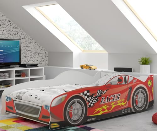 Interbeds Autobett Kinderbett 160x80 Einzelbett Rennwagenbett mit Lattenrost (rot)