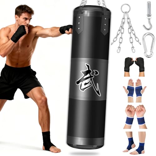 ASBRAVO Boxsack Hängend Set für Erwachsene, Jugendliche und Kinder, 120 cm Oxford-Stoff, mit Deckenhaken,Ketten, Bandagen, Handgelenkschützer für MMA, Karate, Kickboxen, Boxen Home-Gym (Ungefüllt