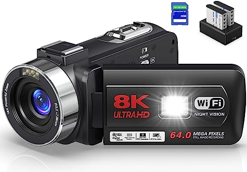 8K 64MP Videokamera Camcorder 18X Digital Zoom IR-Nachtsicht WiFi Videokamera für YouTube 3,0 Zoll Touchscreen Vlogging-Kamera mit 32 GB SD-Karte, 2,4 G-Fernbedienung, Batterien und Externem Mikrofon