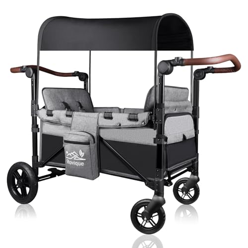 Rovique Bollerwagen faltbar mit 2 Sitze,Premium Bollerwagen für 2 Kinder mit Dach Kinderwagen Handwagen mit 5-Punkt-Gurt,Snack Tablett,Sonnenschutzdach,geländegängigen PU-Rädern,grau
