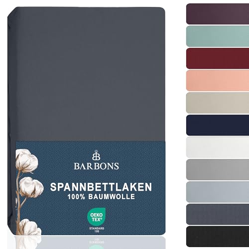 BARBONS Spannbettlaken 180x200cm - 100% Baumwolle Spannbetttuch Oeko-TEX Zertifiziert Bettlaken Jersey Bettwaren und Bettbezug für Boxspringbett und Dicke Matratzen bis 27 cm - Dunkelgrau 180 x 200