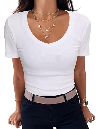 Aottori Damen T-Shirt Slim Fit V-Ausschnitt Gerippt Weiß XL