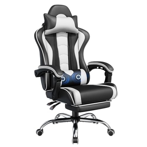 Yaheetech Gaming Stuhl Ergonomischer Gamer Stuhl mit Massagefunktion Computerstuhl mit Fußstütze Bürostuhl 90-135° Rückenlehne verstellbar Gaming Sessel PC Stuhl Weiß