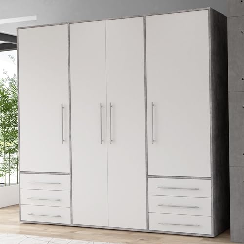 Forte Jupiter Kleiderschrank 205, Großer Schrank mit 4 Türen und 6 Schubladen, Holzwerkstoff, Weiß/Betonoptik Lichtgrau, 205,9 cm breit, 200 cm hoch, 53 cm tief