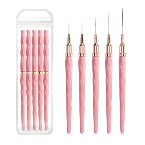 GZMAYUEN Nail Art Liner Brushes, 5Pcs Painting Nail Art Brush Set Nail Dotting Drawing Tool for Long Lines, Thin Details, Fine Drawing Sizes 7/9/11/15/25mm(Pink)