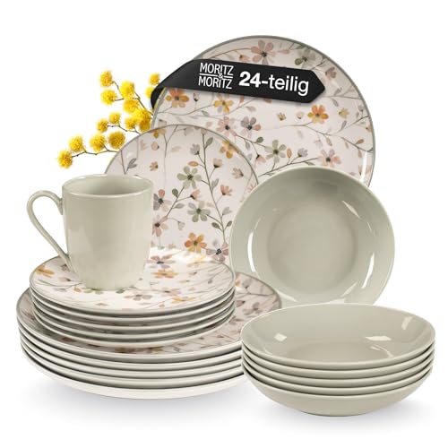 Moritz & Moritz PRIMAVERA Steingut Geschirrset 6 Personen 24-tlg. - Modernes Tafelservice mit verspieltem Design, Pflegeleichtes Kaffeeservice mit Teller Set, Schüsseln & Tassen - Kombiservice
