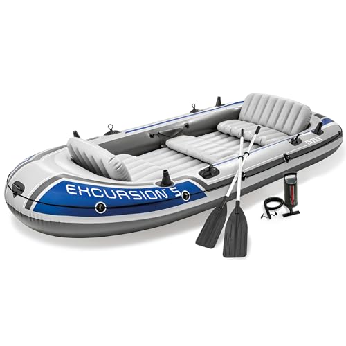 INTEX 68325EP Excursion 5 Schlauchboot Set: inklusive Deluxe 137.2 cm Bootsruder und Hochleistungspumpe - verstellbare Sitze mit Rückenlehne - Angelrutenhalter - 5 Personen - 598.7 kg Tragkraft