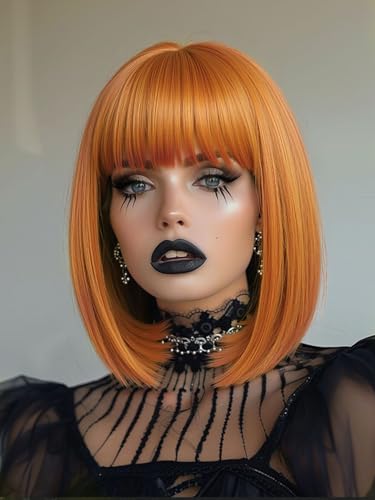 Webshaiy Perücke Damen Glatte Bob Perücken mit Pony, Kurze Orange Perücke mit Kopfhaut nachahmen Perrücke für Frauen, Natural Synthetic Hair Wig for Women Täglich Kostüm Party Cosplay Halloween