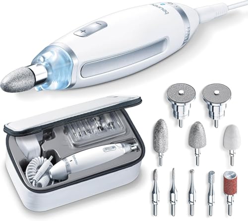 Beurer MP 62 Maniküre-/ Pediküre-Set, elektrische Nagelfeile mit 10 hochwertigen Nagelpflege-Aufsätzen, LED Licht, Nagelfräser mit stufenloser Geschwindigkeitsregelung, mit Aufbewahrungstasche, Weiß