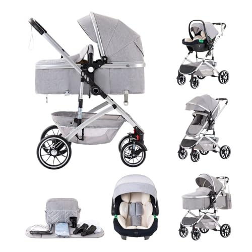 Kakbgee 3-in-1-Kinderwagen, Kombi-Kinderwagen mit Autositz, Buggy mit Einhand-Klappfunktion, mit Moskitonetz, Kinderwagen mit hoher Sitzposition für Neugeborene bis 4 Jahre