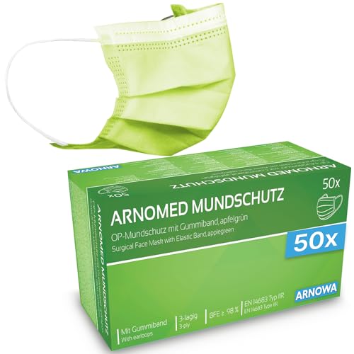 50xARNOMED® Medizinische Mundschutzmaske Grün, CE Zertifizierte Op Maske, Medical Face Mask, Schutzmaske Mund & Nase, Einwegmasken, Chirugischer Mundschutz, Klinische Gesichtsmasken