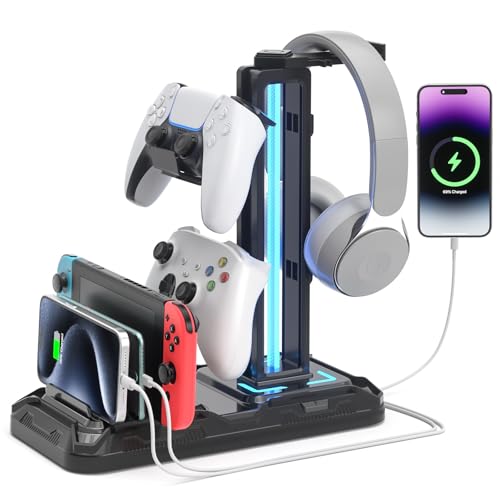 KDD Headset Halterung Led mit Ladestation - PS5 Controller Halter & Kopfhörer Ständer Tisch mit 9 Lichtmodi und 2 USB 1 Typ-C Anschlüssen - Gaming Controller Halterung für PC Gaming Accessories