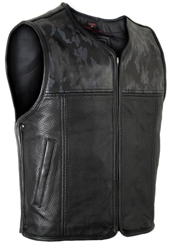 MDM Herren Lederweste Kutte mit Perforiertem Leder und Camo/schwarz Muster (DE/NL/SE/PL, Alphanumerisch, L, Regular, Regular)