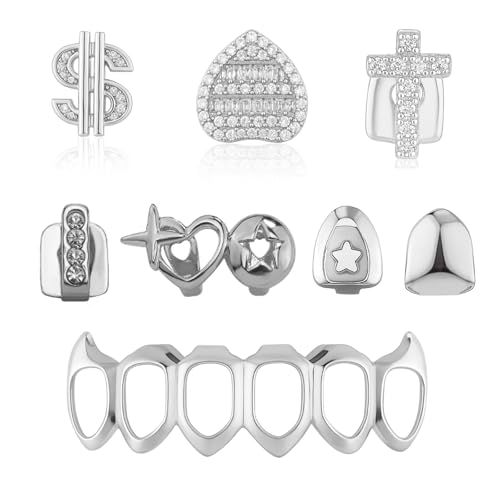 Zahngrillz-Set – 8 abnehmbare künstliche Zähne Zubehör mit Dollarzeichen, Kreuz, Stern und Herz-Anhängern – Iced Out Top Grillz für Damen und Herren Partymode, Einheitsgröße, Edelstein, Zirkonia