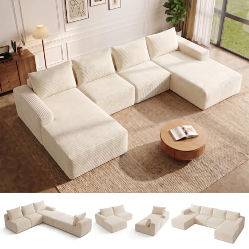 Wumagin 310cm Modulares Sofa, U-förmiges Ecksofa mit Schlaffunktion, 4‑Sitzer Boneless Sofa Frei Kombinierbar, Montagefrei, Couch mit Schlaffunktion für Wohnzimmer, Esszimmer, Büro (Beige)