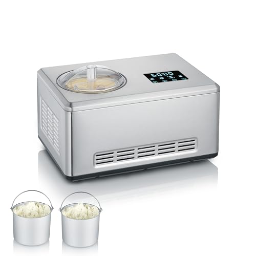 SEVERIN 2-in-1 Eismaschine mit Joghurtfunktion, Kompressor Ice Cream Maker für Eis, Sorbet und Frozen Joghurt, Speiseeismaschine inkl. zwei Eisbehälter, Edelstahl-gebürstet, EZ 7406