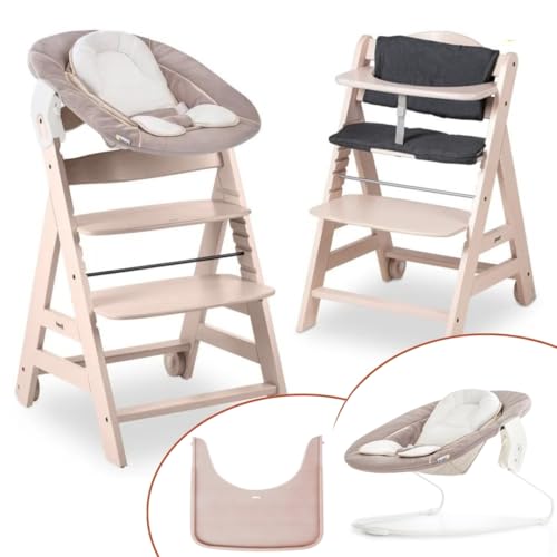 hauck Hochstuhl Beta+ Newborn Set - Babyhochstuhl Set ab Geburt mit 2in1 Neugeborenen Aufsatz Bouncer, Sitzpolster und Essbrett - Whitewashed
