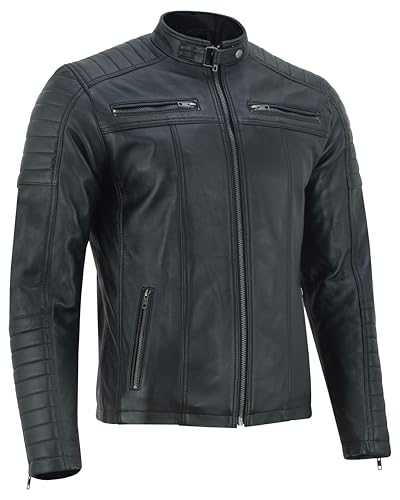 Vance The Leather Company Herren Echtleder Bikerjacke aus 100% Lammleder (as3, alpha, m, regular, regular, Schwarz)