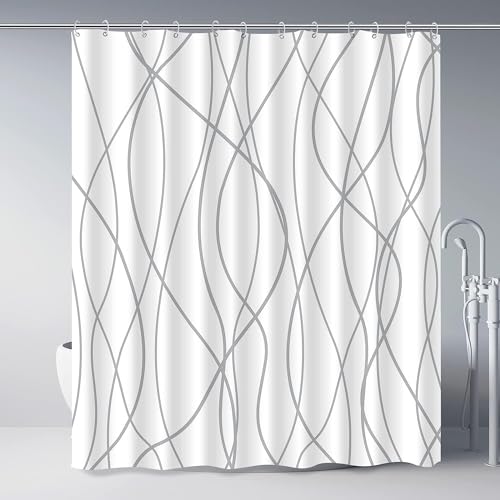 IGINOA Duschvorhang 180x200 mit Ösen Antischimmel Grau Gestreift Stoff Shower Curtains Weiss Schimmelresistent Textil Badewanne Vorhang Weiß Überlänge Wasserdicht Duschvorhänge Motiv Blickdicht